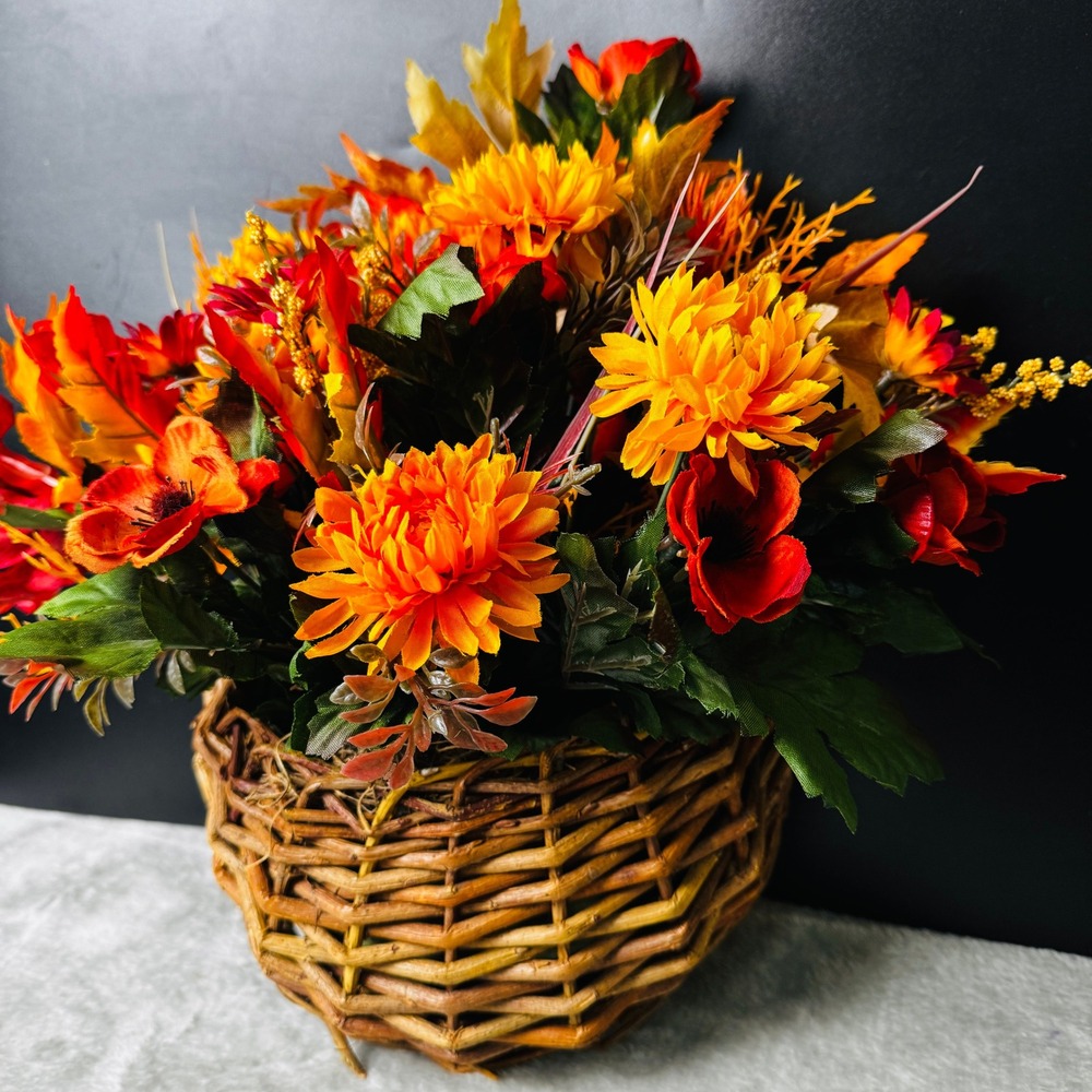 Fall Floral Arrangement Woven Twig Wall Basket Autumn Flowers Leaves Cottagecore - Picture 4 of 8